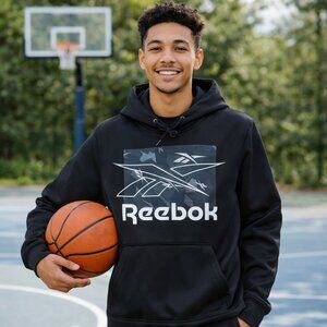 Small REEBOK mens pullover black hoodie sweatshirt, front pockets. Gift.  NWT